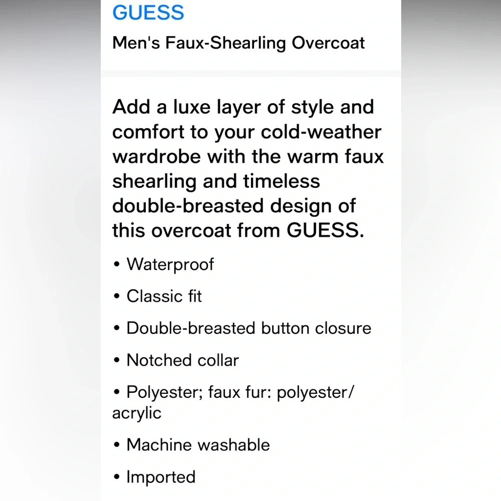 Guess Faux Fur Shearling Double Breasted Overcoat size Medium Mew with tags